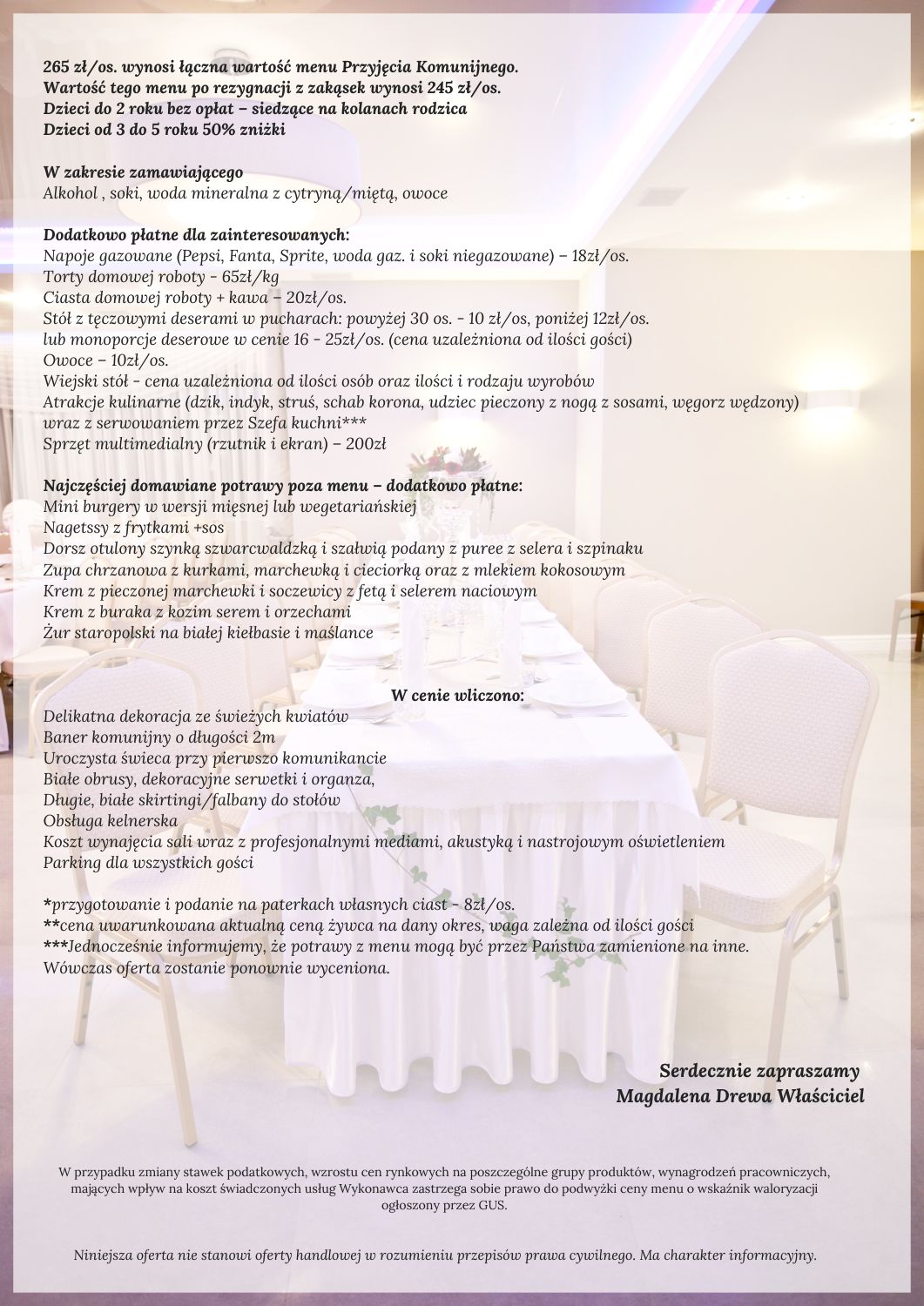 Imprezy na Komunie Święte w Pensjonacie Zacisze Imprezy na Komunie Święte w Pensjonacie Zacisze